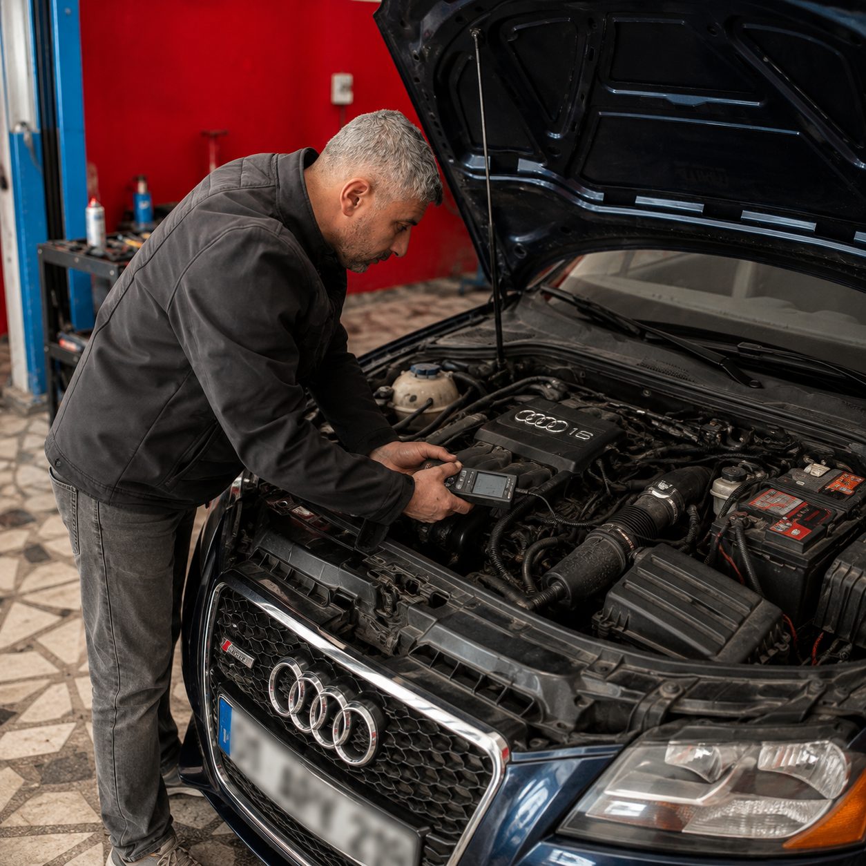 Usta, Audi aracın motor bölümünde LPG arıza tespiti yaparken